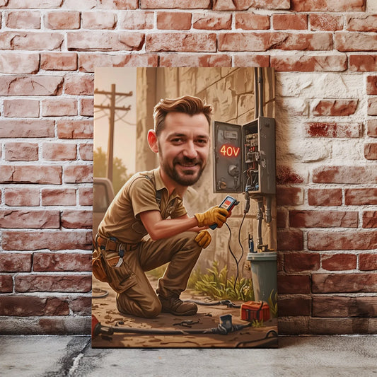 Kreskówkowy elektryk na płótnie, personalizowana grafika dla elektryka z motywem cyfry urodzin