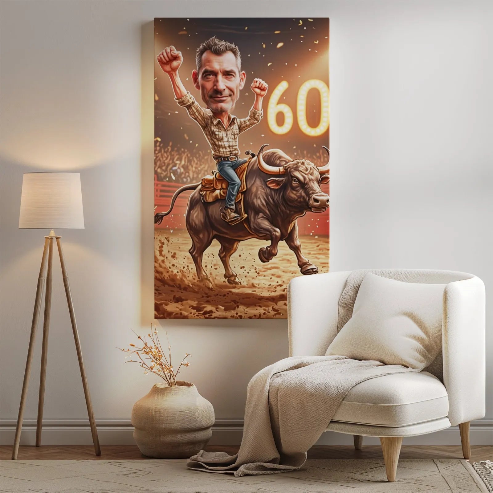 Bawna karykatura na płótnie z rodeo byka na 60. urodziny Personalizowana Karykatura