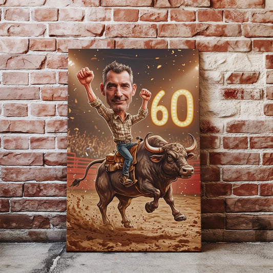 Humorystyczna karykatura na 60. urodziny z bykiem do jazdy konnej