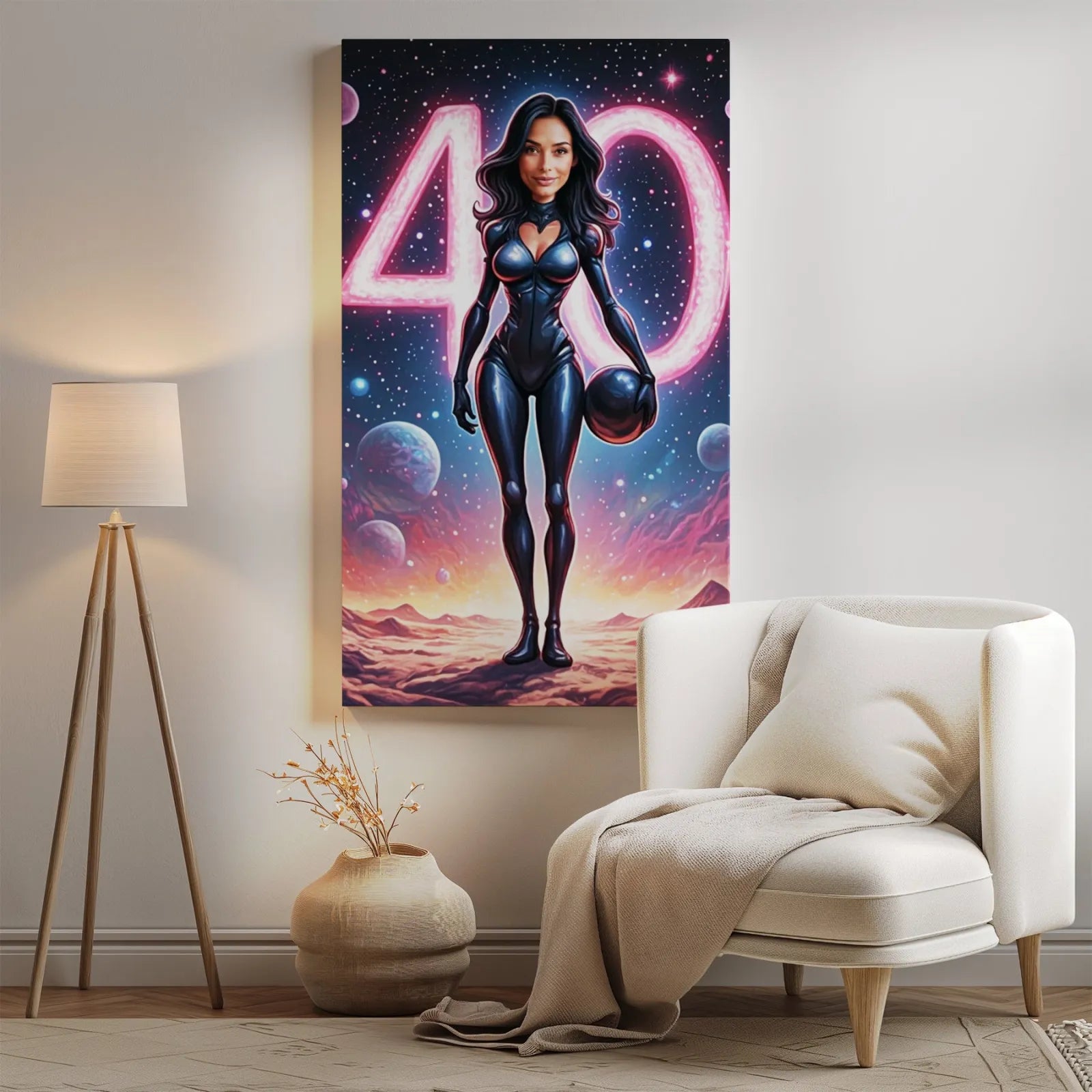 Framed space-themed birthday art for Personalizowana karykatura kobiety w stylu sci-fi