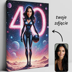 Spersonalizowany kosmiczny obraz na 40. urodziny w stylu sci-fi, z karykaturą kobiety
