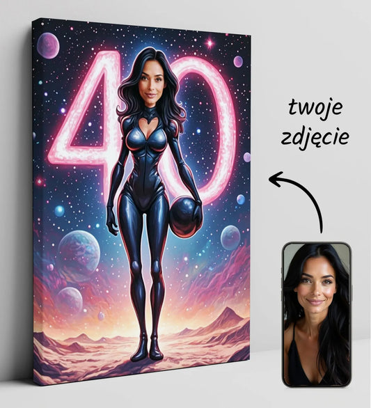 Spersonalizowany kosmiczny obraz na 40. urodziny w stylu sci-fi, z karykaturą kobiety