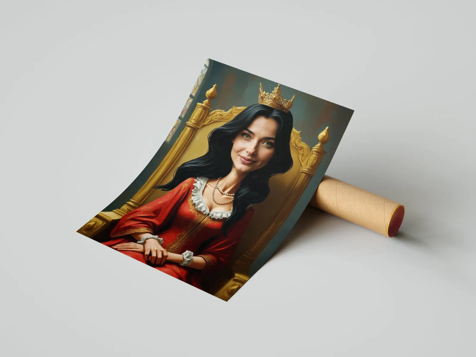 Portret Królowej na Tronie z personalizowaną karykaturą, druk w jakości wysokiej