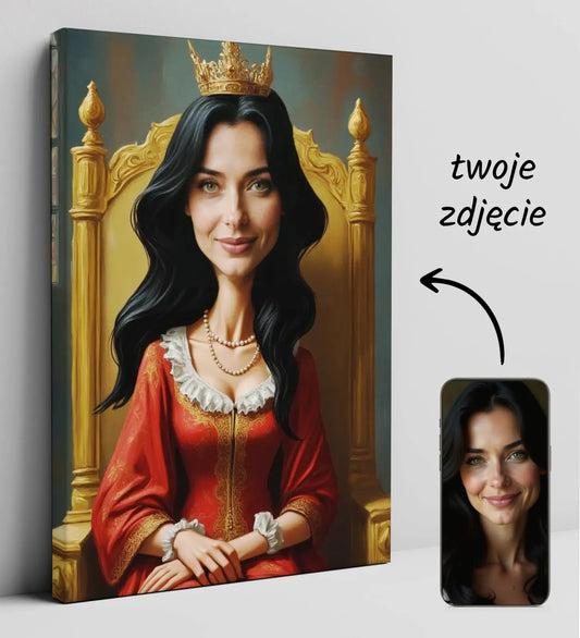 Personalizowana karykatura Królowej na Tronie ze Zdjęcia, kolorowa portretowa ilustracja