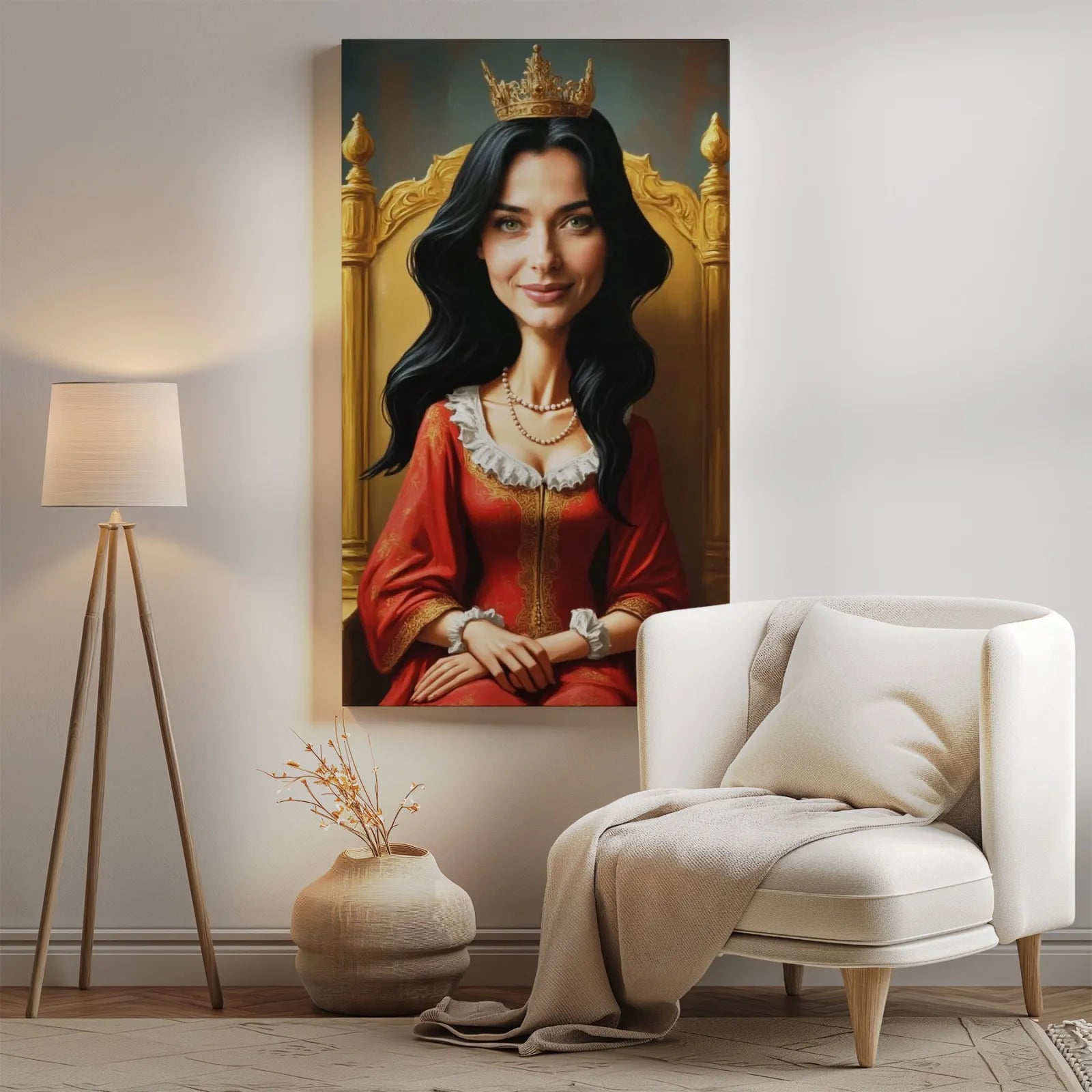 Portret Królowej na płótnie na personalizowanej karikaturze na tron z zdjęcia
