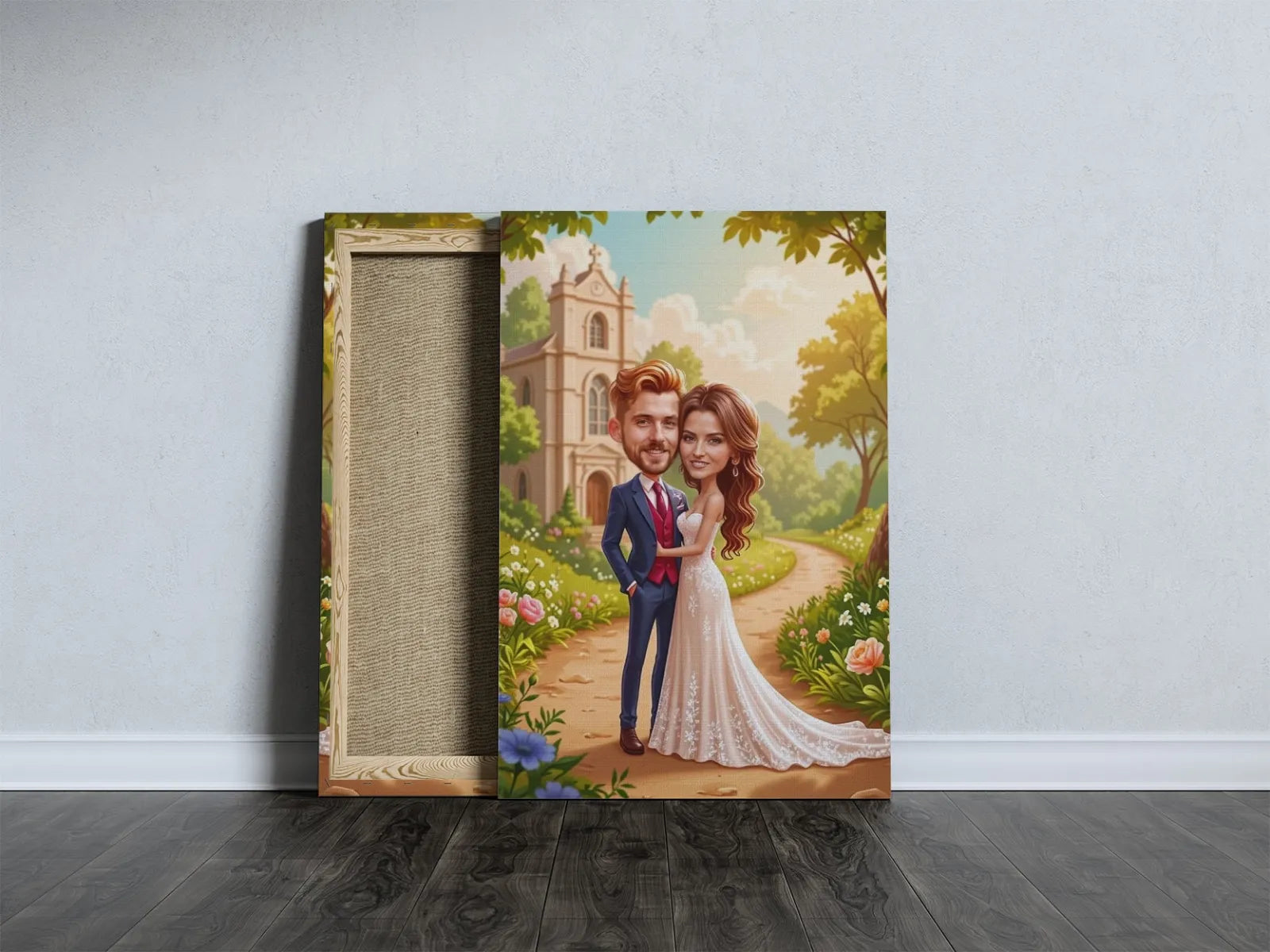Personalizowana karykatura ślubna pary młodej na canvasie jako wyjątkowy prezent weselny