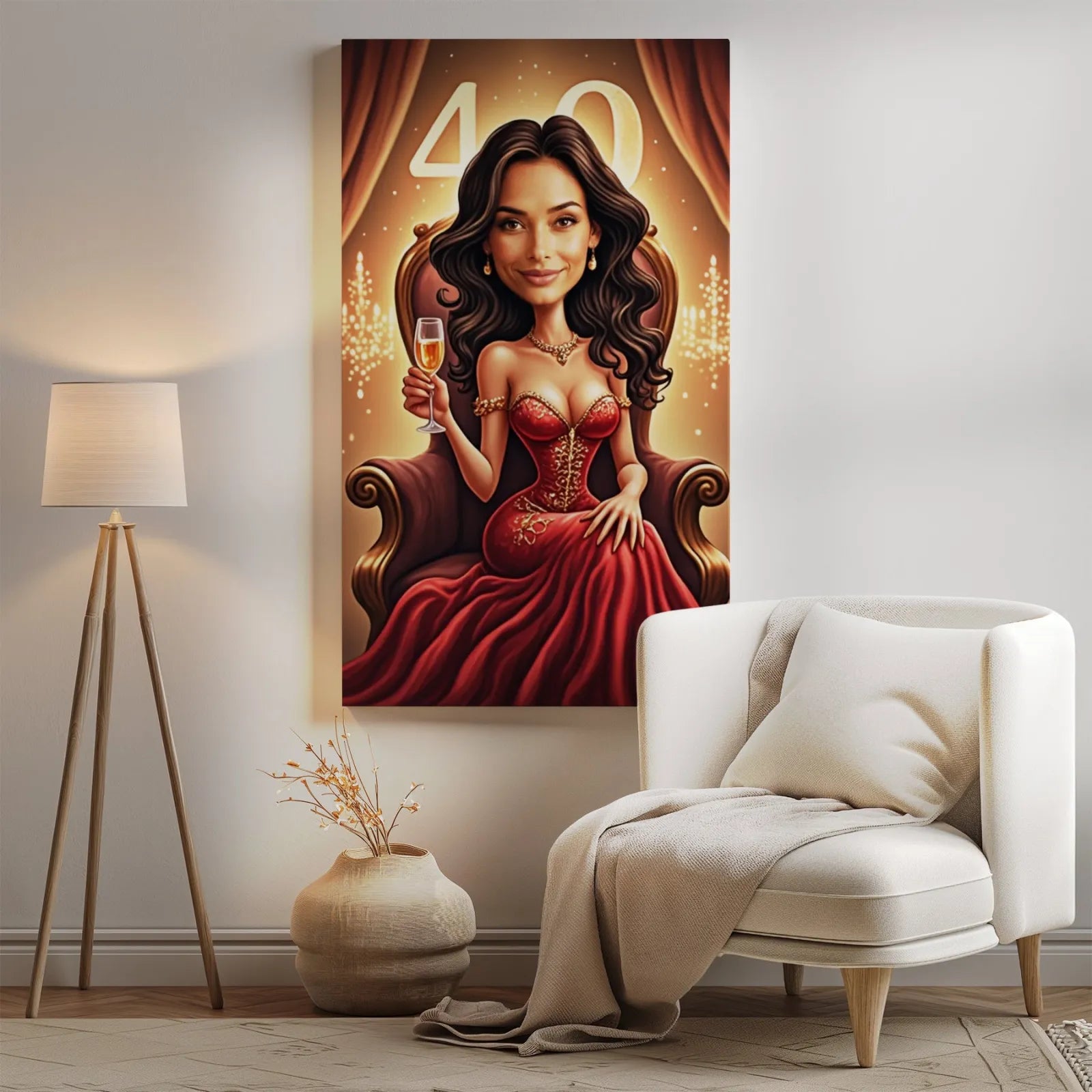 Framed caricature of a woman in a red dress for 40th birthday personalised glamour portrait
