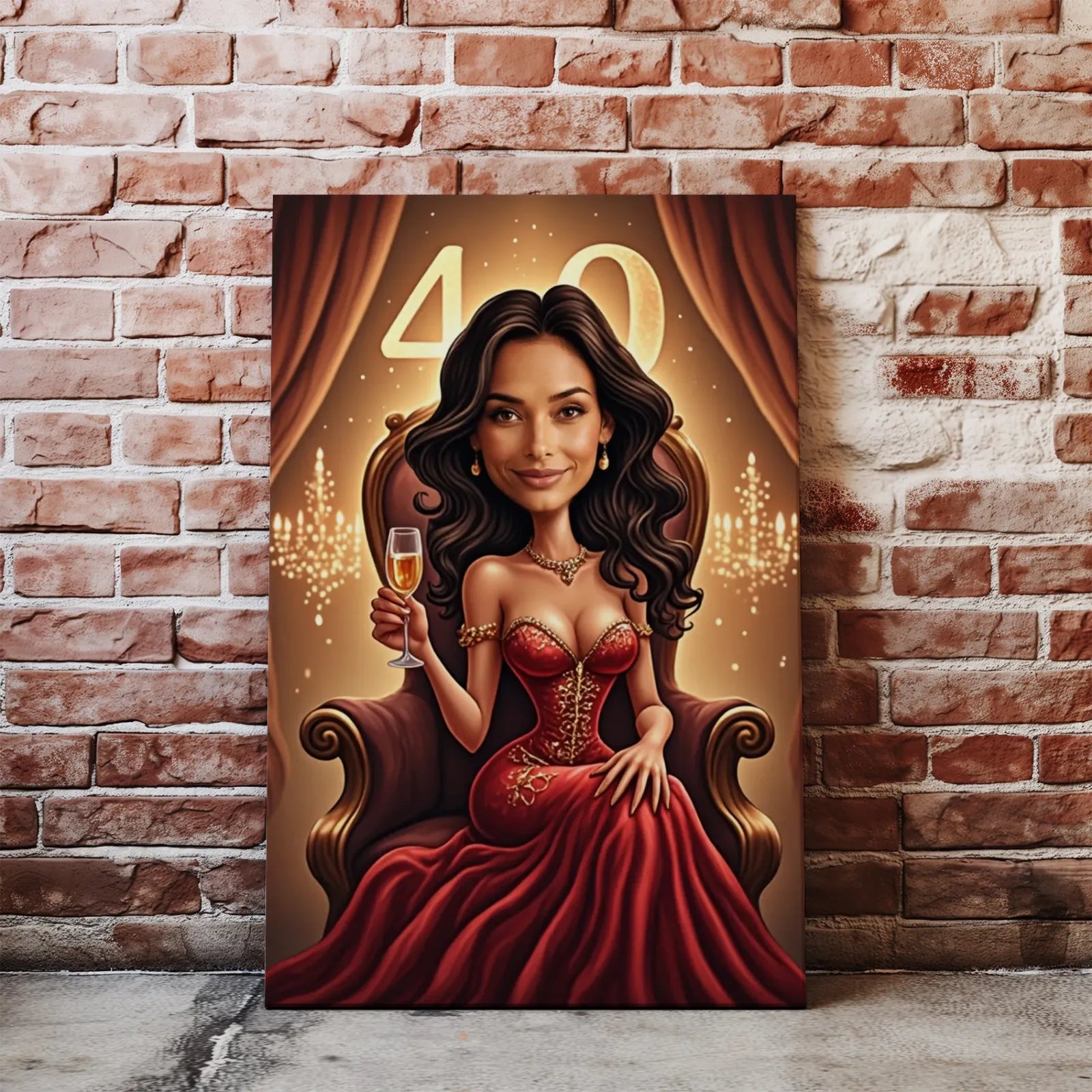 Karykatura portret kobiety świętującej 40. urodziny na personalizowanym obrazie glamour