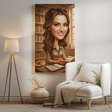 Karikaturalny portret kobiety czytającej dla Personalizowany portret kobiety jako bibliotekarki