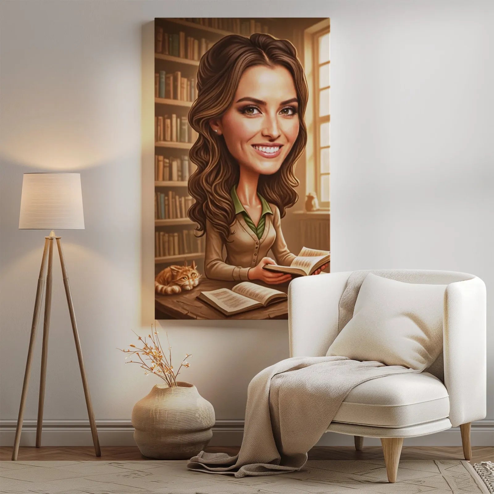 Karikaturalny portret kobiety czytającej dla Personalizowany portret kobiety jako bibliotekarki