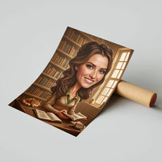 Caricature print of woman reading in library for Personalizowany portret kobiety jako bibliotekarki