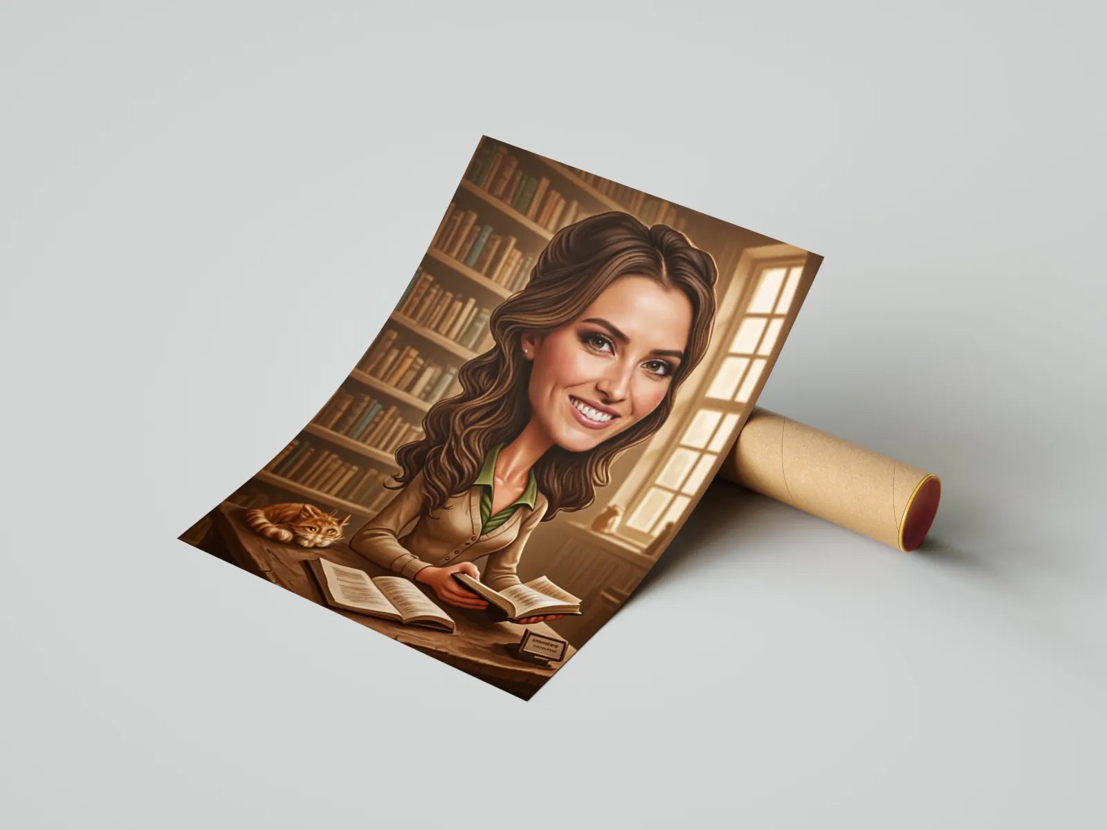 Caricature print of woman reading in library for Personalizowany portret kobiety jako bibliotekarki