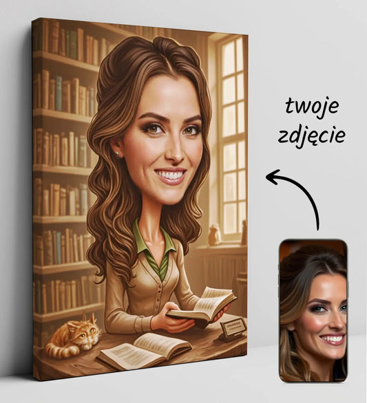 Karikatura portret na płótnie przedstawiająca bibliotekarkę, personalizowany obraz