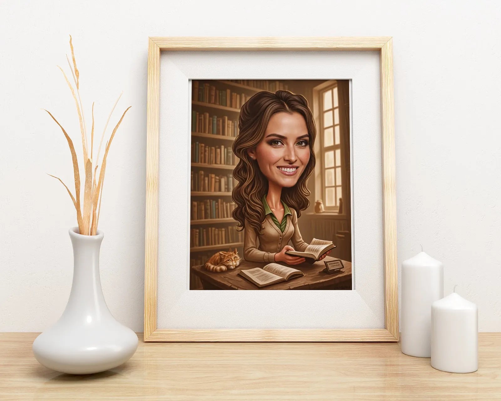 Spersonalizowany portret kobiety jako bibliotekarki w ramce, caricatura czytającej