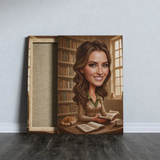 Skarbowa, personalizowana portret kobiety jako bibliotekarki w ramie, caricature