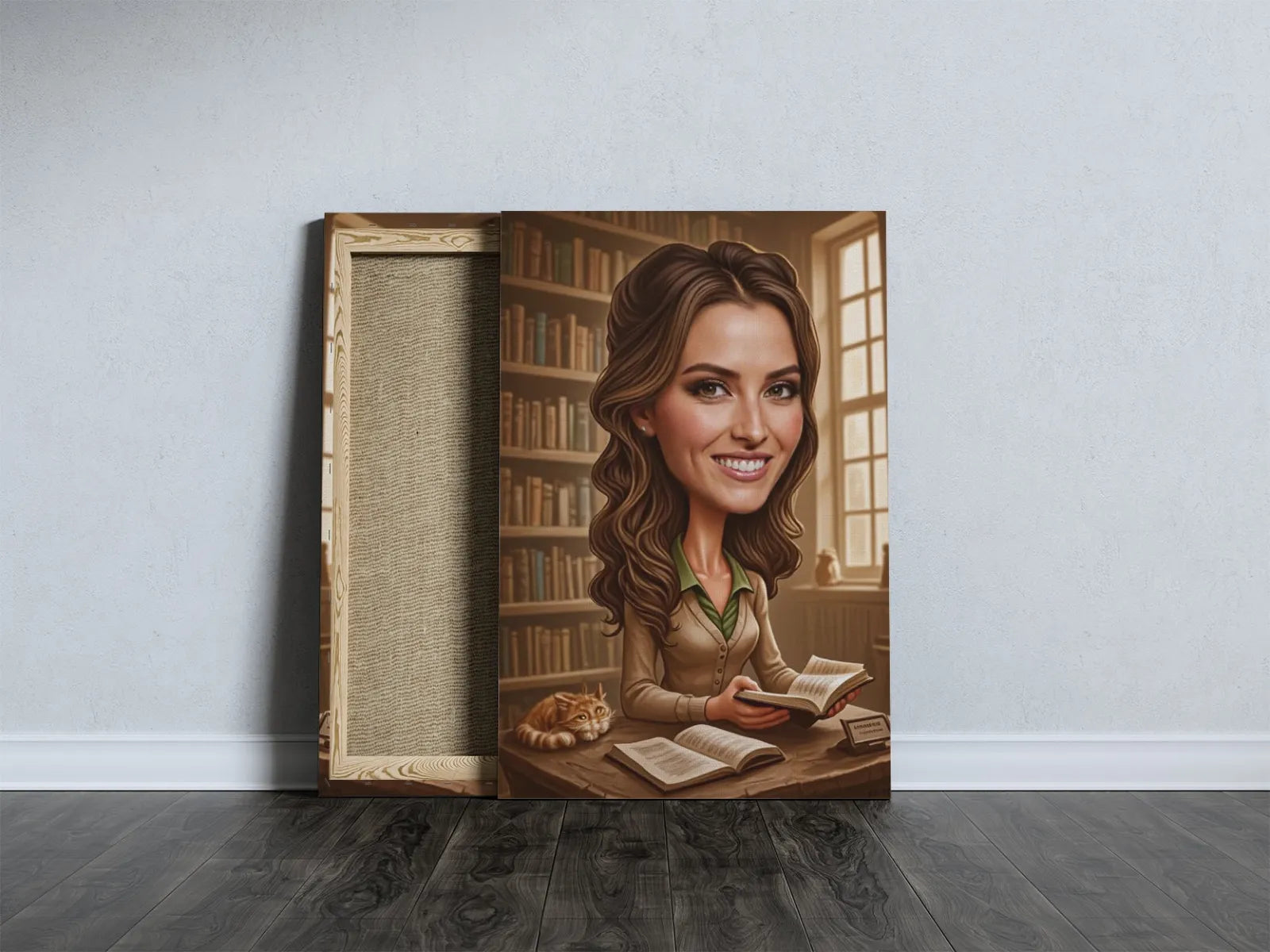 Skarbowa, personalizowana portret kobiety jako bibliotekarki w ramie, caricature