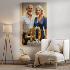 Portret olejny na rocznicę ślubu z złotym topperem 40 na torcie