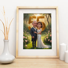 Framed caricature of a couple celebrating 55th wedding anniversary on a product called Personalizowany Portret Olejny na Rocznicę Ślubu