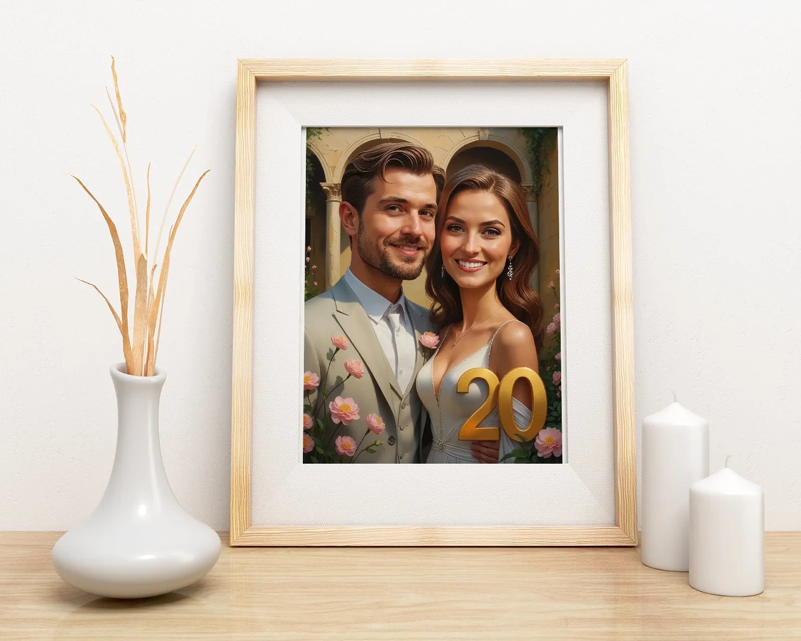 Ozdobiony portret z okazji 20. rocznicy ślubu w ramie jako prezent