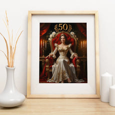Framed royal-style portrait of a woman on a throne for birthday personalized gift