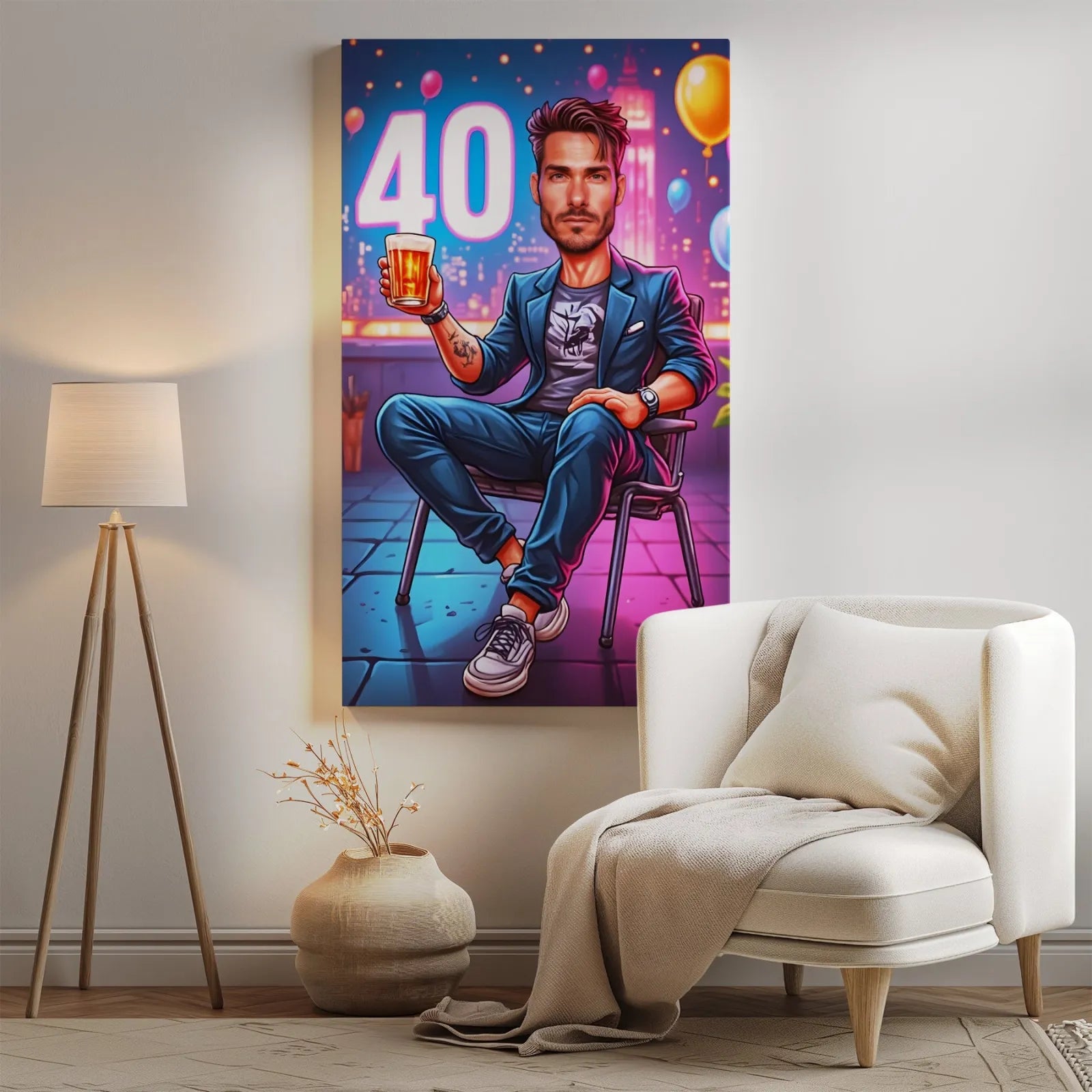 Karykaturalny portret urodzinowy mężczyzny z cyfrą 40 dla Personalizowany Portret Urodzinowy Mężczyzny z Cyfr