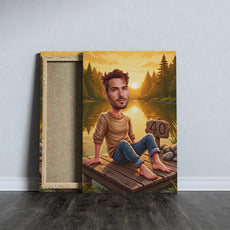 Personalizowany portret urodzinowy mężczyzny na dywanie nad jeziorem