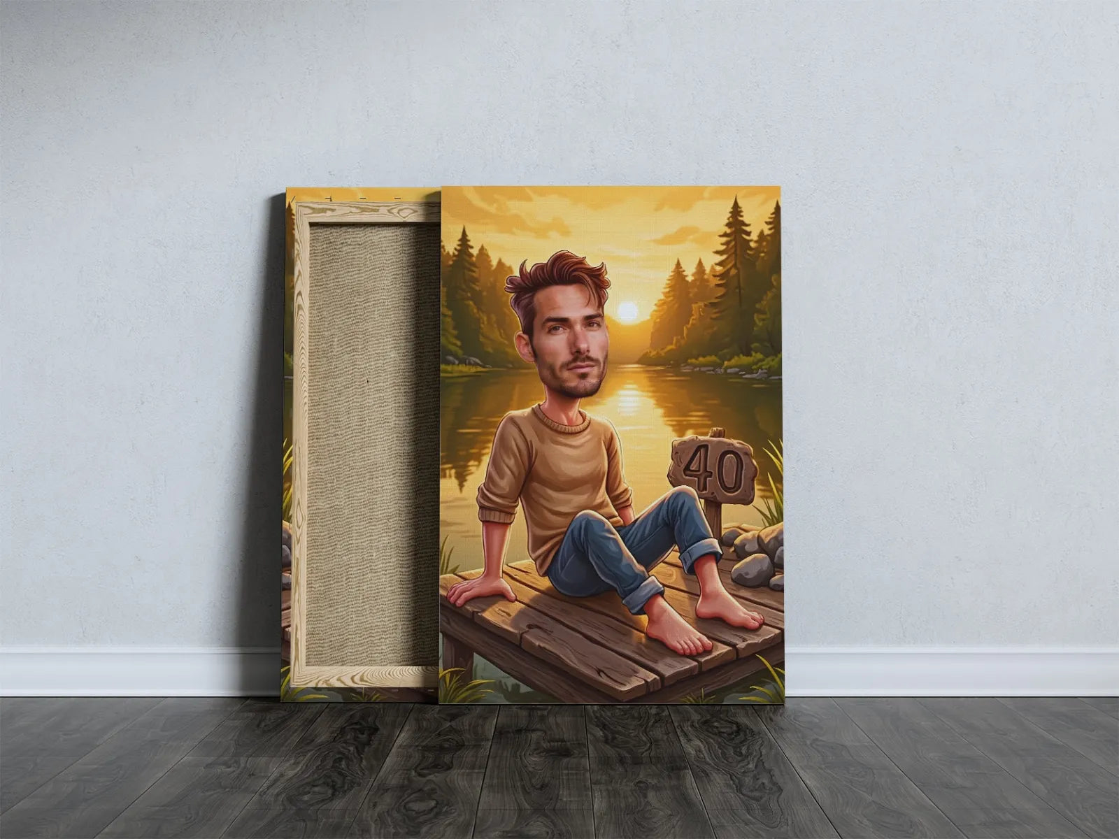 Personalizowany portret urodzinowy mężczyzny na dywanie nad jeziorem
