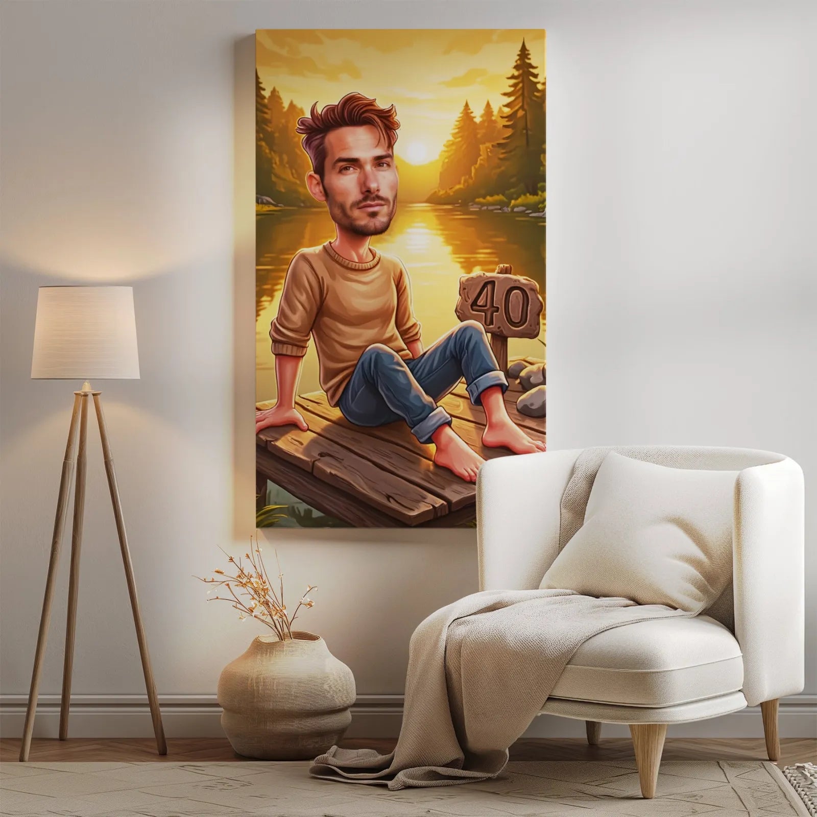 Personalizowana kanwa z karykaturą na urodziny mężczyzny nad Jeziorem