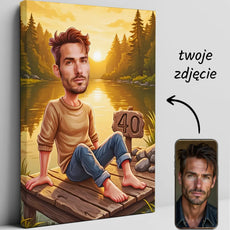 Personalizowany portret urodzinowy mężczyzny nad jeziorem na płótnie karikatura