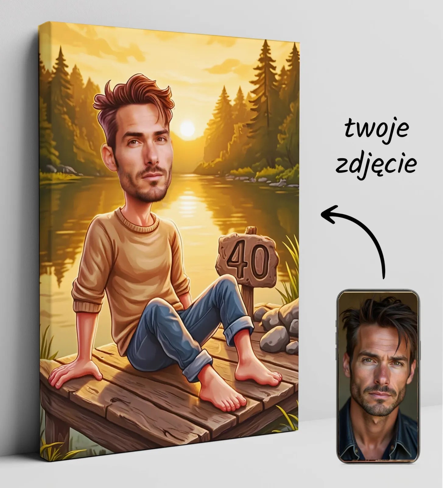 Personalizowany portret urodzinowy mężczyzny nad jeziorem na płótnie karikatura