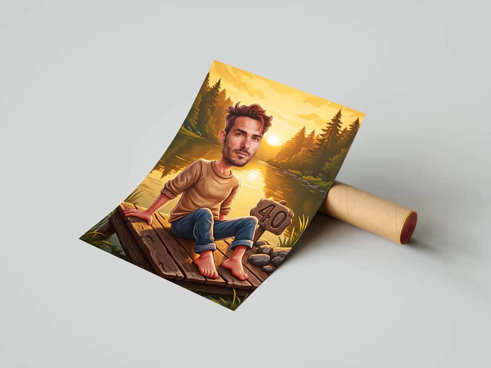 Cartoon caricature print for Personalizowany Portret Urodzinowy Mężczyzny nad Jeziorem