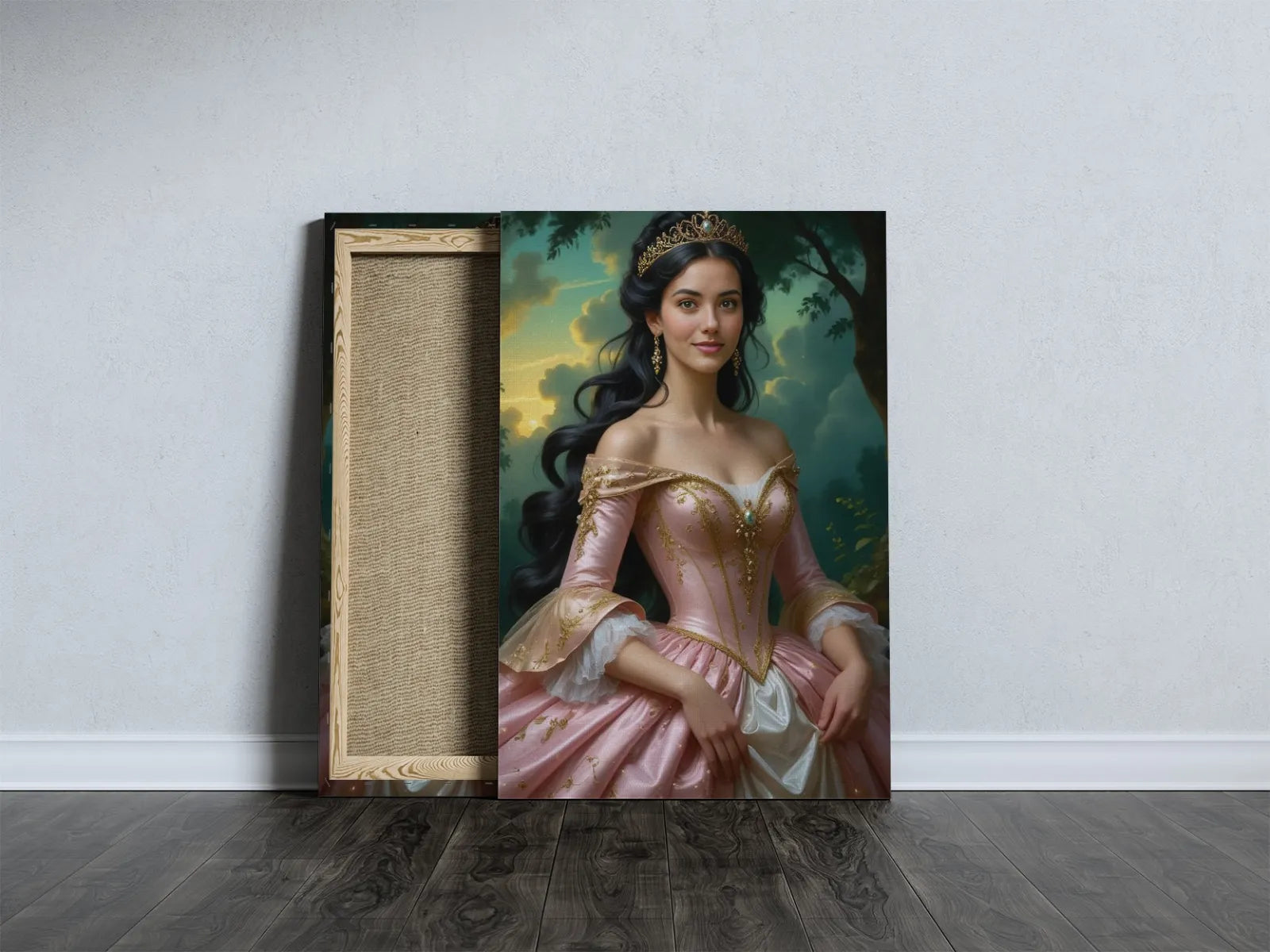 Framed portrait of a woman in a pink gown for Personalizowany portret na płótnie