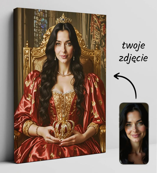 Canvassowy portret królowej na tronie dla Personalizowany Portret ze Zdjęcia na Tronie Królewskim