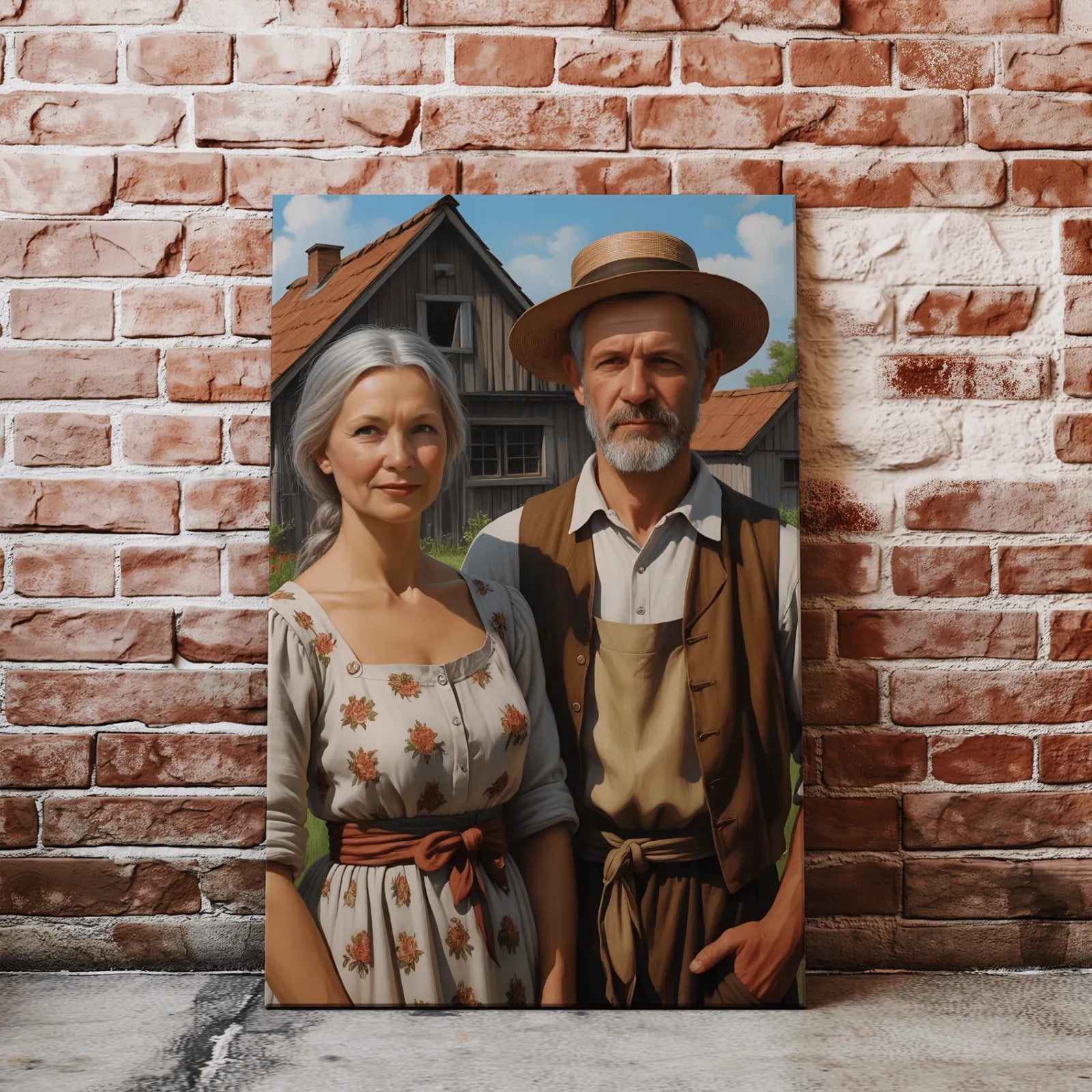 Obraz na płótnie starszej pary przed farmą w stylu Polskiego Gotyku