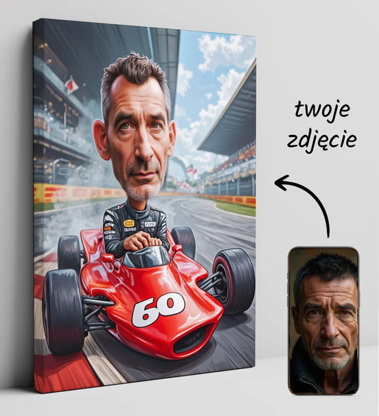 Karikatura portret na płótnie mężczyzna w samochodzie wyścigowym