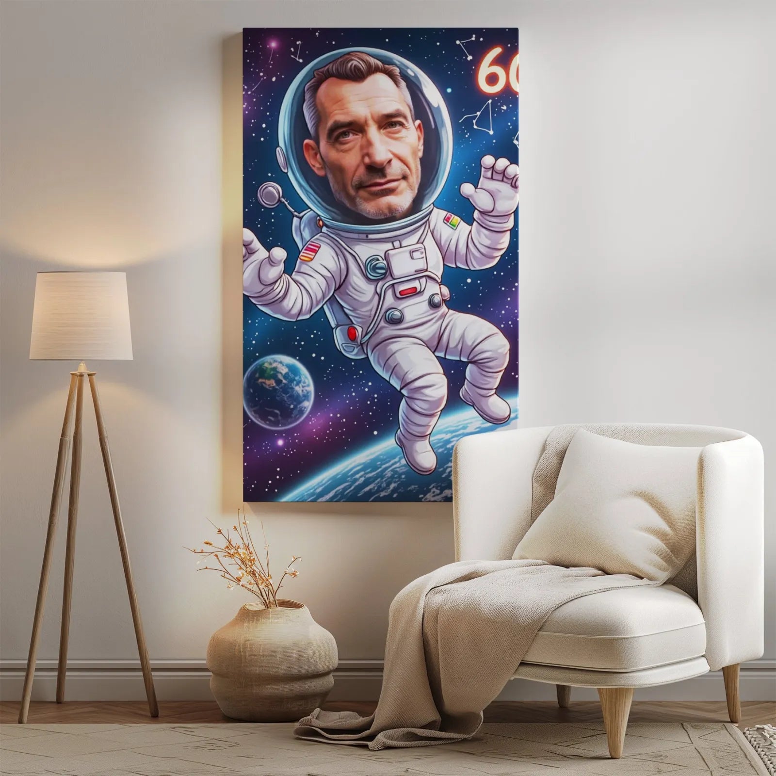 Aksamitna kolorowa kanwa z karykaturą astronauty na prezent urodzinowy dla faceta
