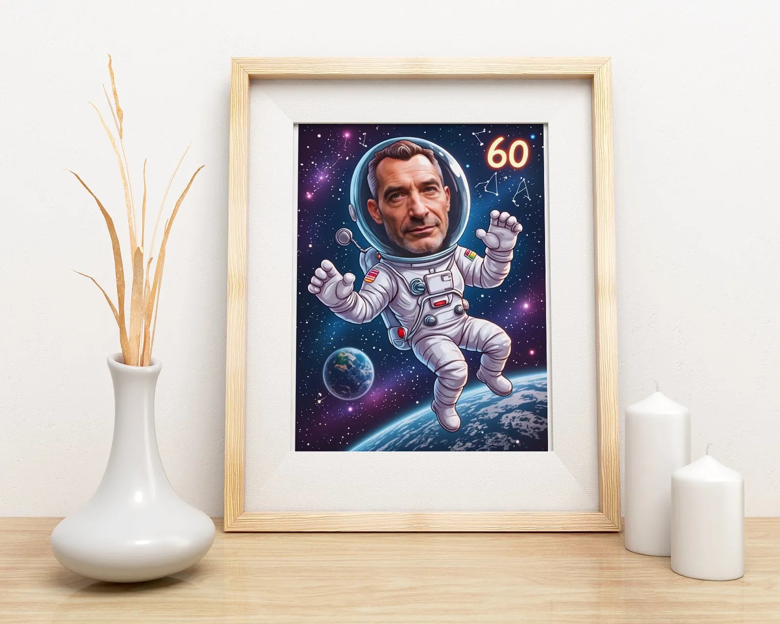 Framed astronaut caricature jako pomysł na prezent urodzinowy dla faceta z motywem kosmosu