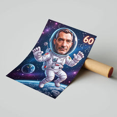 Kosmiczny astronaut w stylu kreskówkowym na plakatach jako prezent na urodziny dla faceta