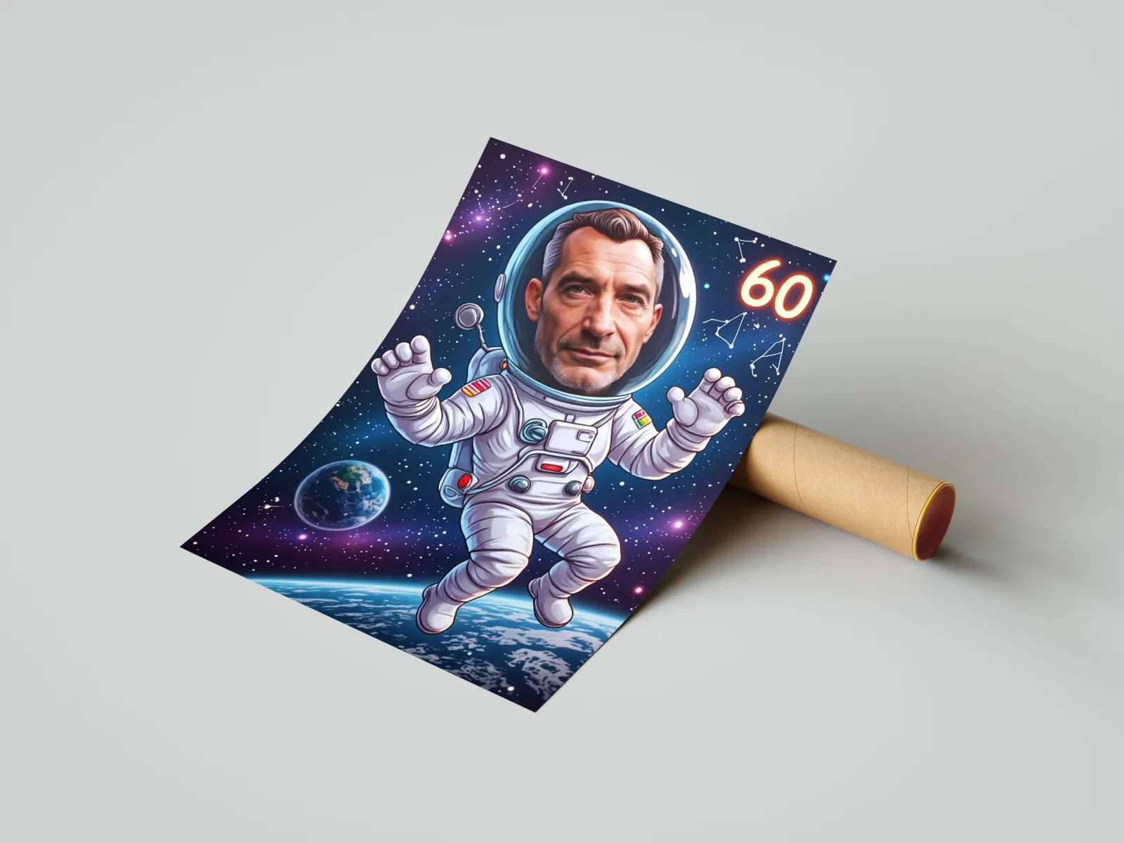 Kosmiczny astronaut w stylu kreskówkowym na plakatach jako prezent na urodziny dla faceta