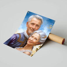 Renaissance-style portrait of an elderly couple celebrating 50th wedding anniversary