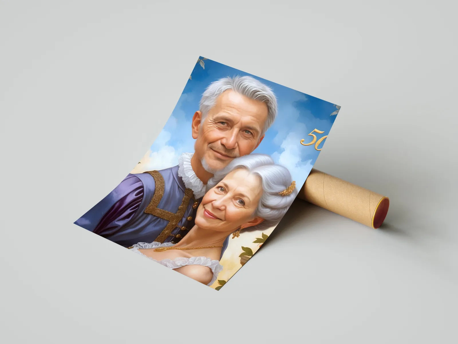 Renaissance-style portrait of an elderly couple celebrating 50th wedding anniversary