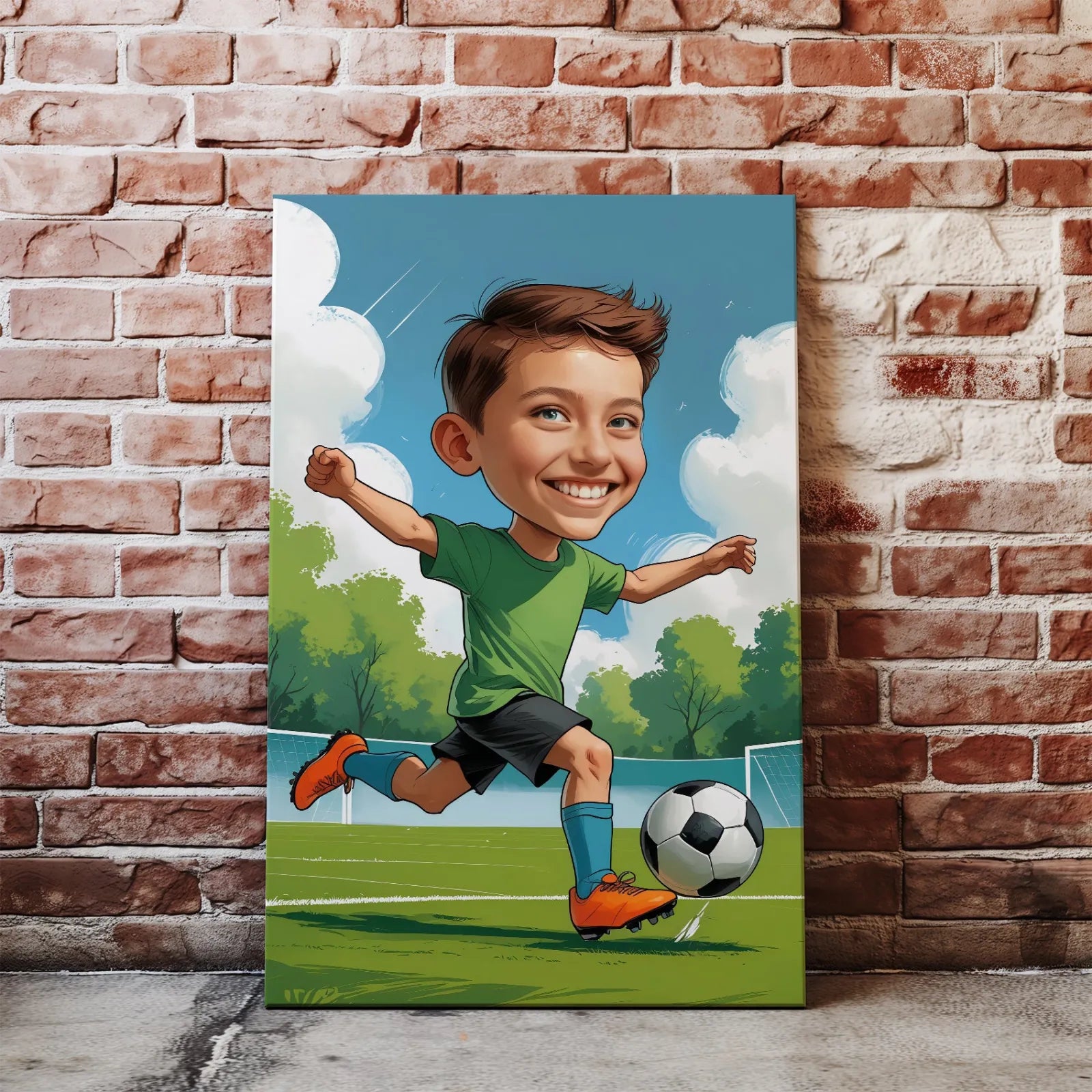 Portret dziecka grającego w piłkę z kolorowym rysunkiem piłkarza w stylu kreskówkowym
