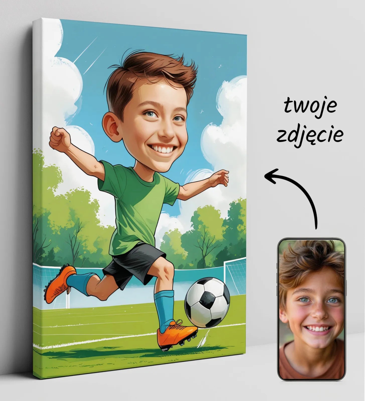 Personalizowany rysunek dziecka grającego w piłkę nożną jako portret