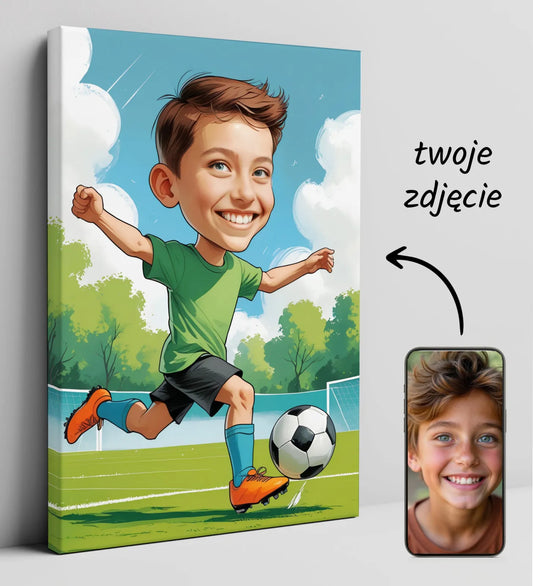 Personalizowany rysunek dziecka grającego w piłkę nożną jako portret