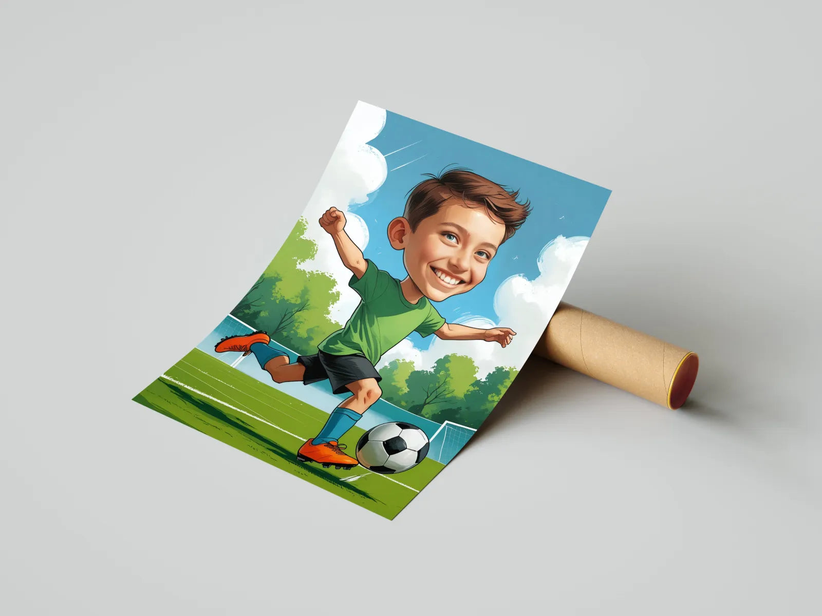 Plakat z kreskówkowym piłkarzem w produkcie Portret dziecka grającego w piłkę