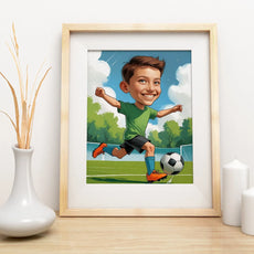 Framed cartoon soccer player in Portret dziecka grającego w piłkę artwork