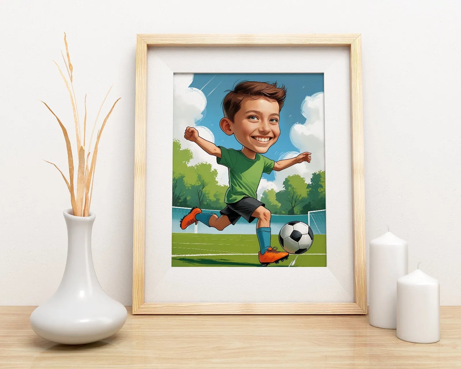 Framed cartoon soccer player in Portret dziecka grającego w piłkę artwork