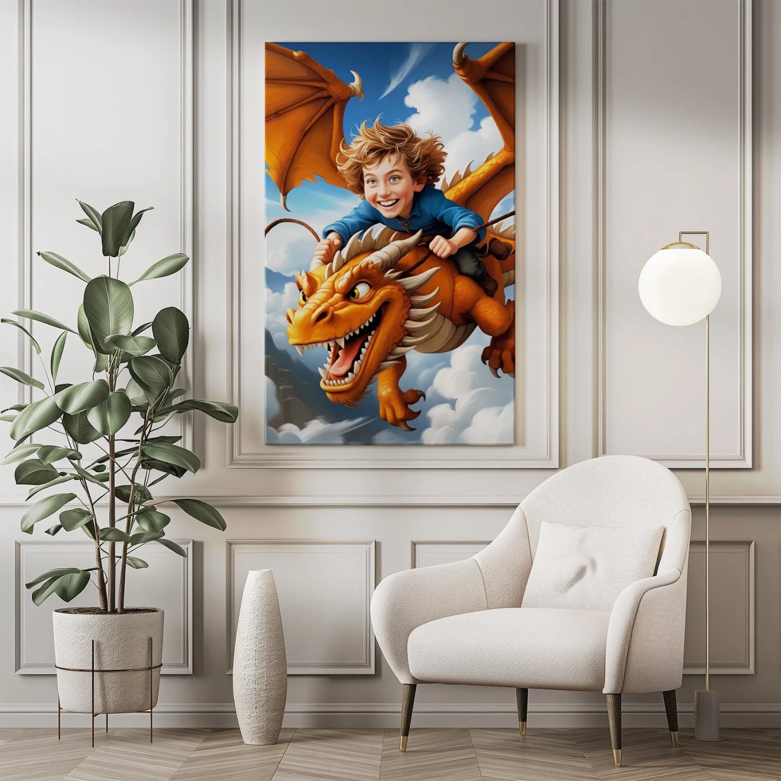 Whimsical dragon and boy illustration in Portret dziecka jako obraz