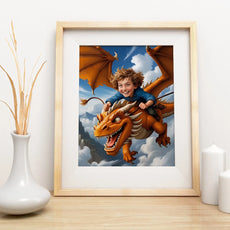 Framed dragon and rider art for Portret dziecka jako obraz - Chłopiec na dinozaurze