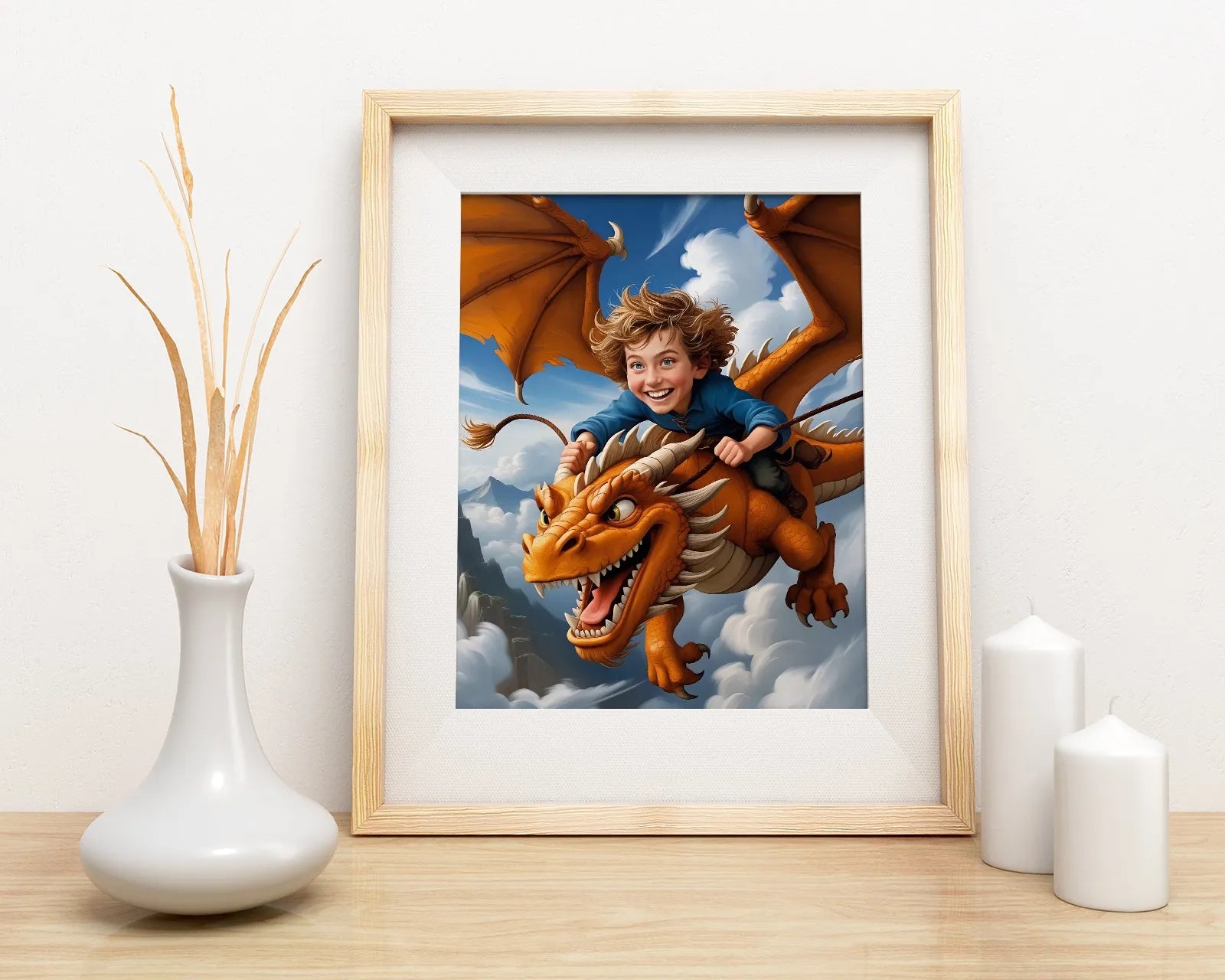 Framed dragon and rider art for Portret dziecka jako obraz - Chłopiec na dinozaurze
